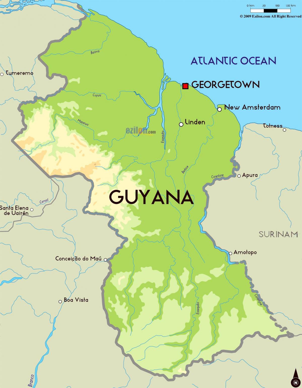 mapa fyzickej mape Guyana