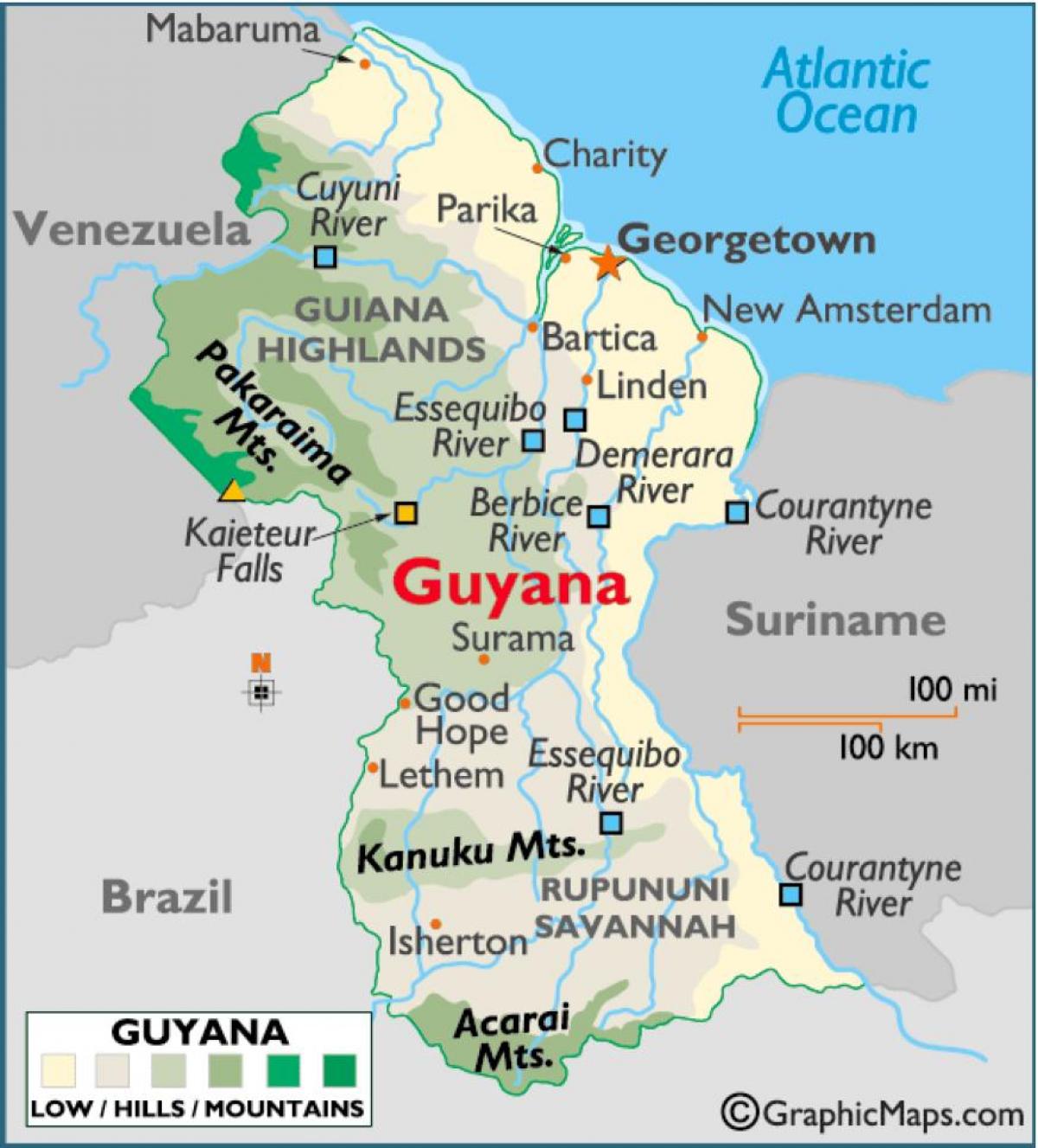 mapa Guyana ukazuje pohoria