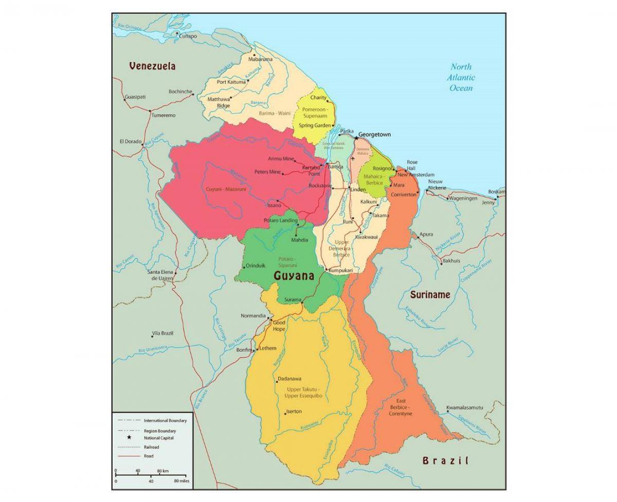 mapa Guyana ukazuje 10 administratívne regióny