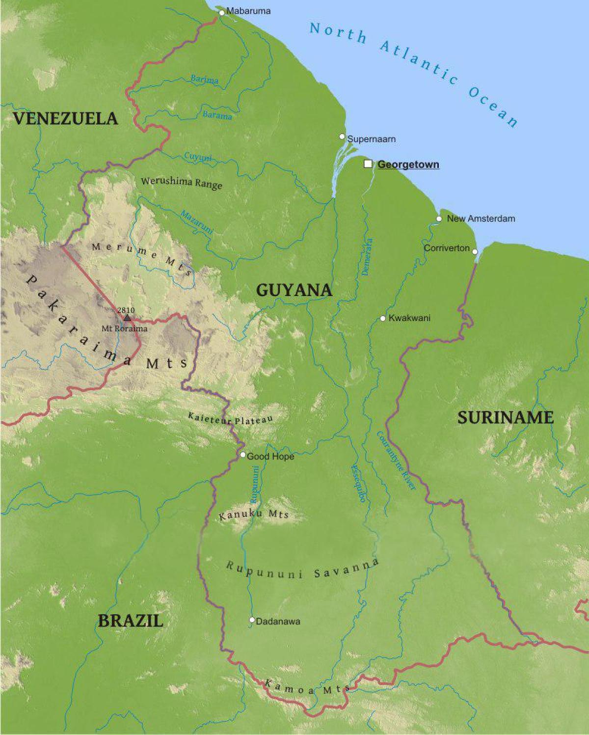 mapa Guyana, zobrazujúci nízky pobrežnej nížiny