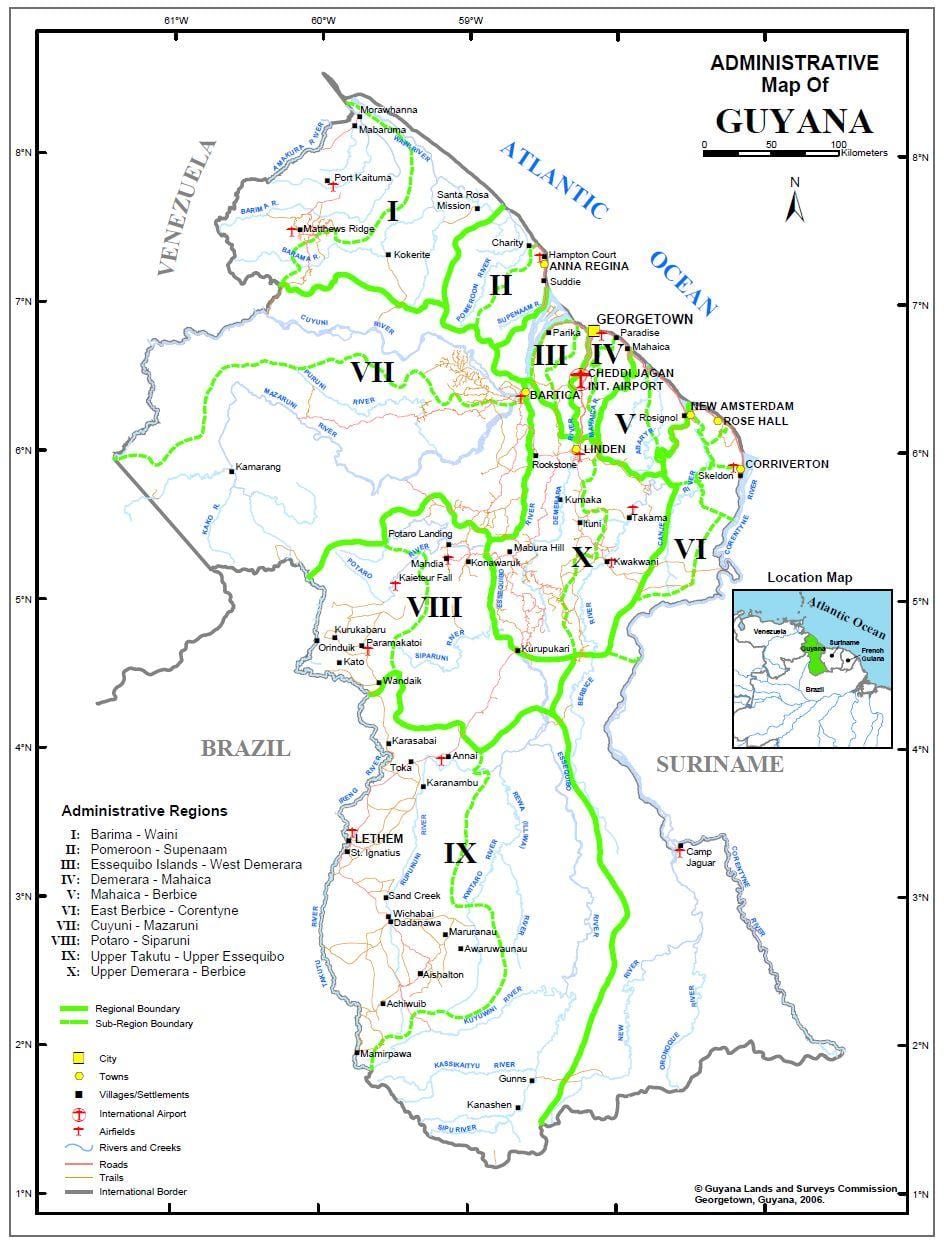 mapa Guyana ukazuje desať administratívne regióny