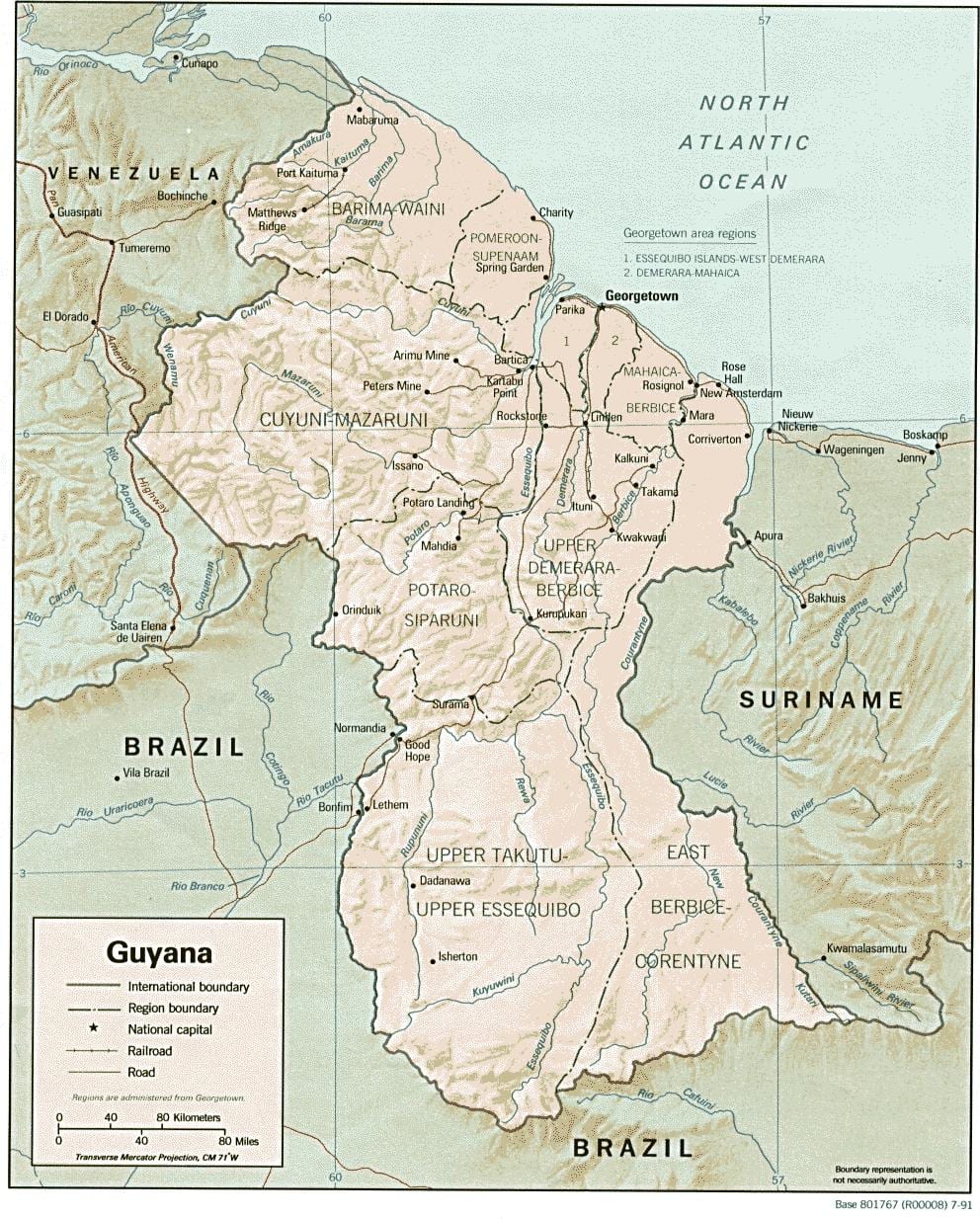 mapa zobrazuje indiánskych osád v Guyana