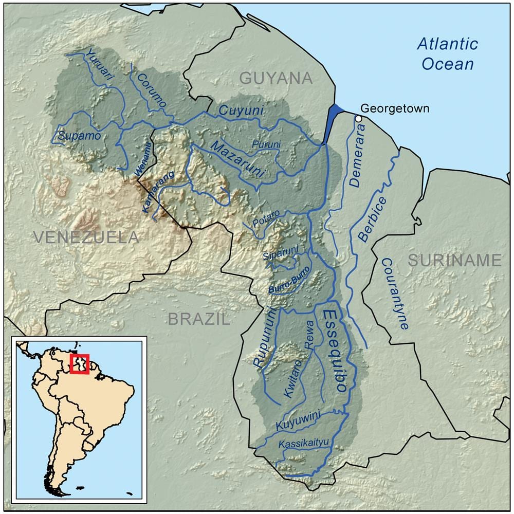 mapa Guyana ukazuje riek