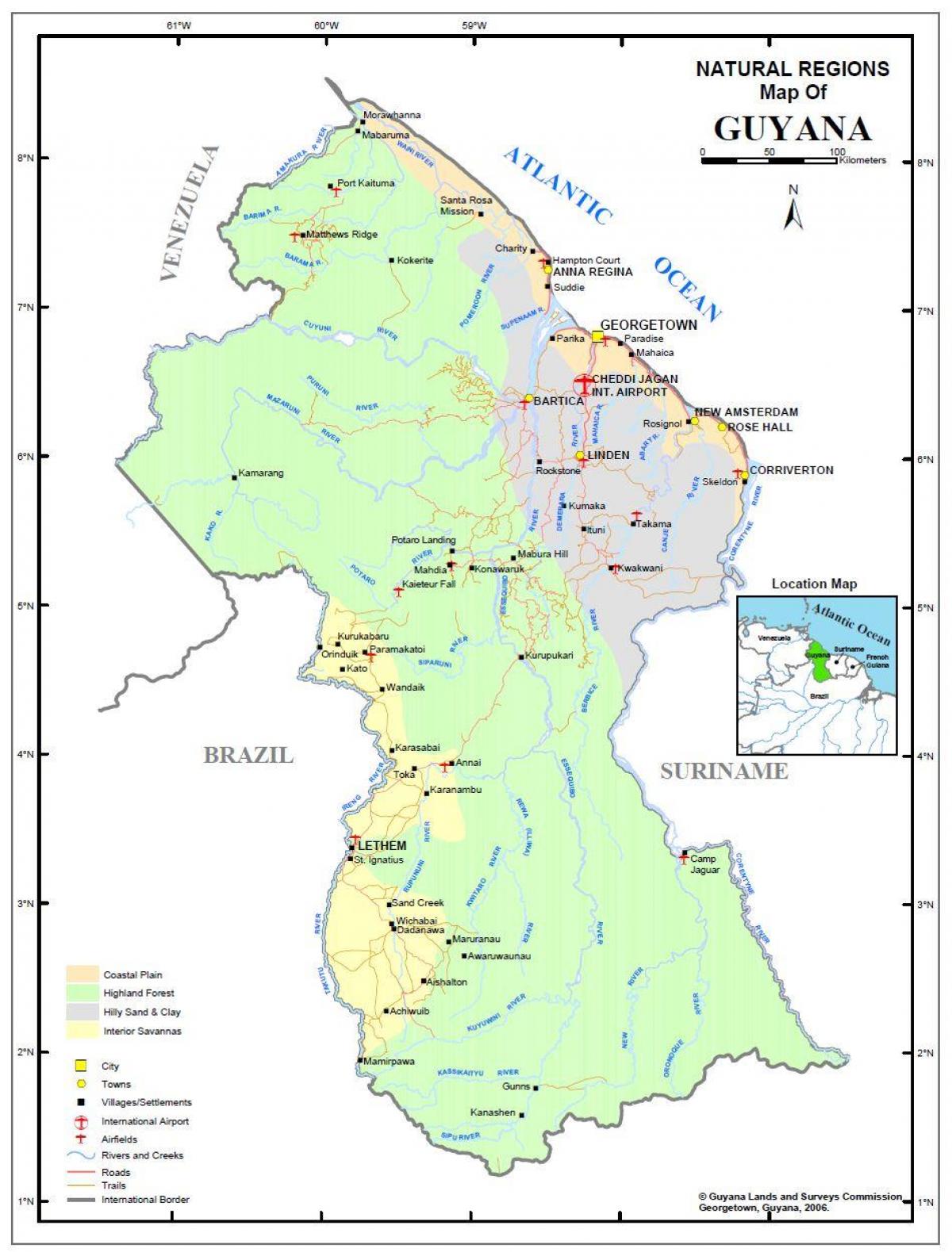 mapa Guyana, zobrazujúci 4 prirodzené regióny