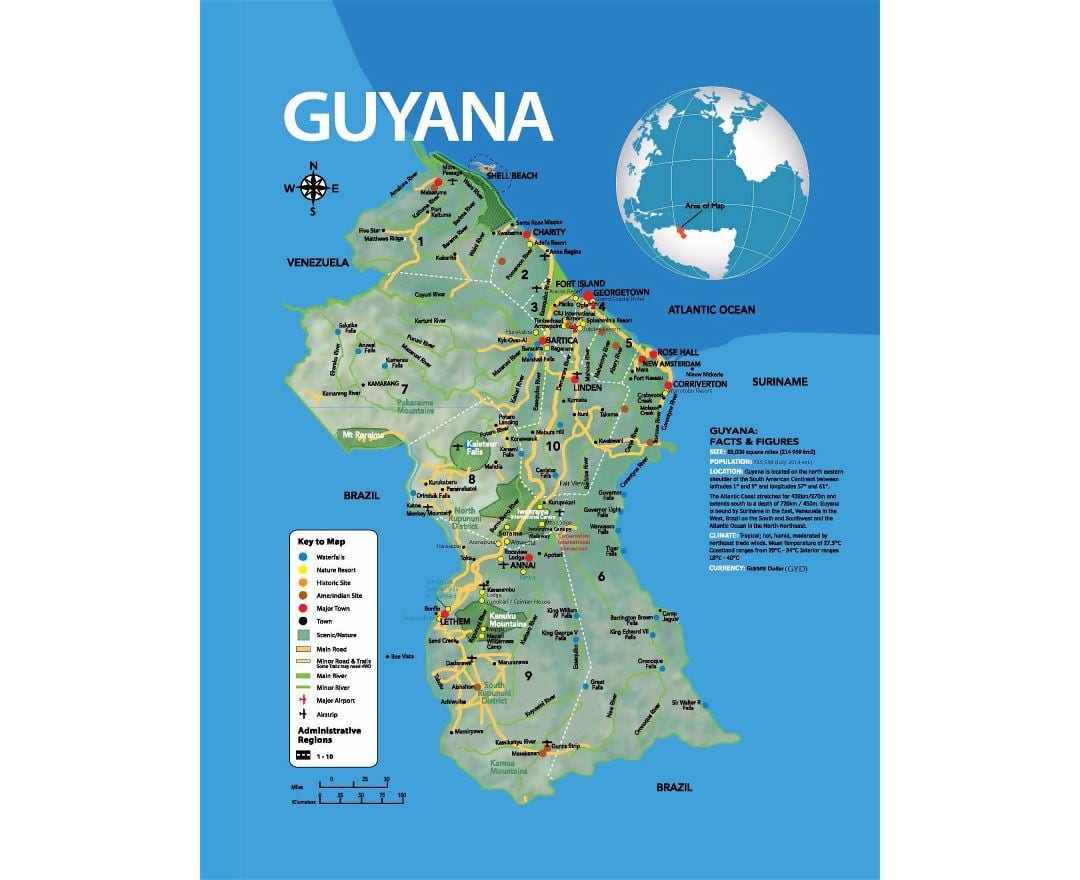 mapa mapa ukazuje, ako sa amerindians prišiel Guyana