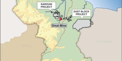 Mapa Guyana ukazuje minerálnych zdrojov