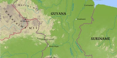 Mapa Guyana, zobrazujúci nízky pobrežnej nížiny