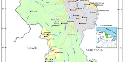 Mapa Guyana, zobrazujúci 4 prirodzené regióny