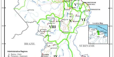 Mapa Guyana ukazuje desať administratívne regióny