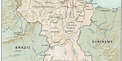 Mapa zobrazuje indiánskych osád v Guyana